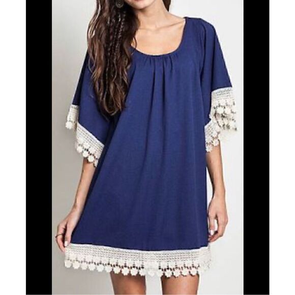 Umgee USA Boho Blue Crochet Trim Lagenlook Tunic Top Dress Size M Loose Fit - Picture 1 of 11